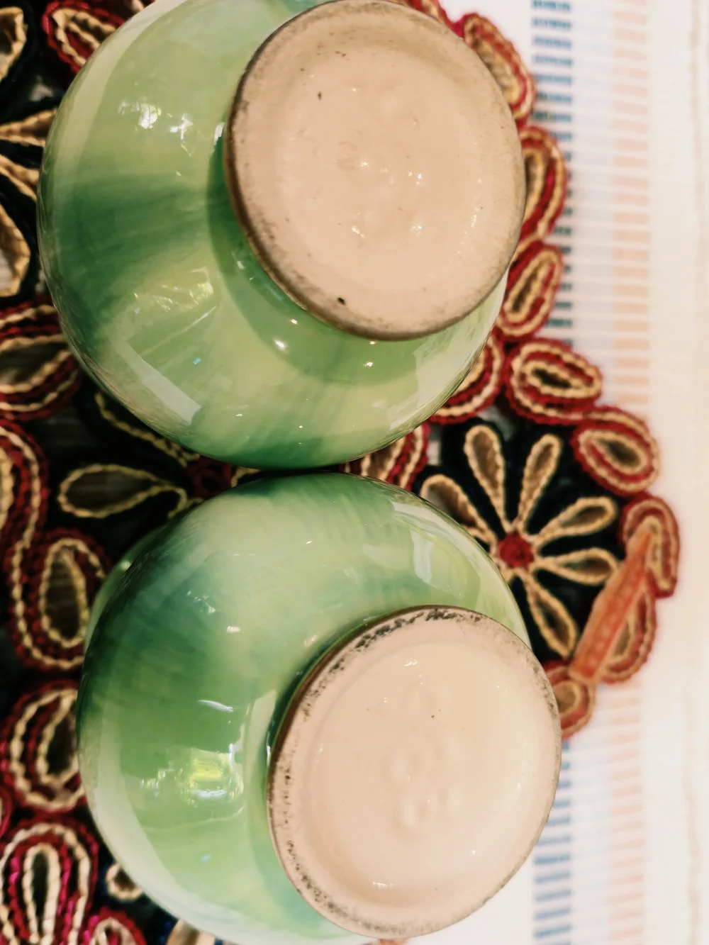 Vintage,Green and Cream Ceramic Decorative Vases - Pair